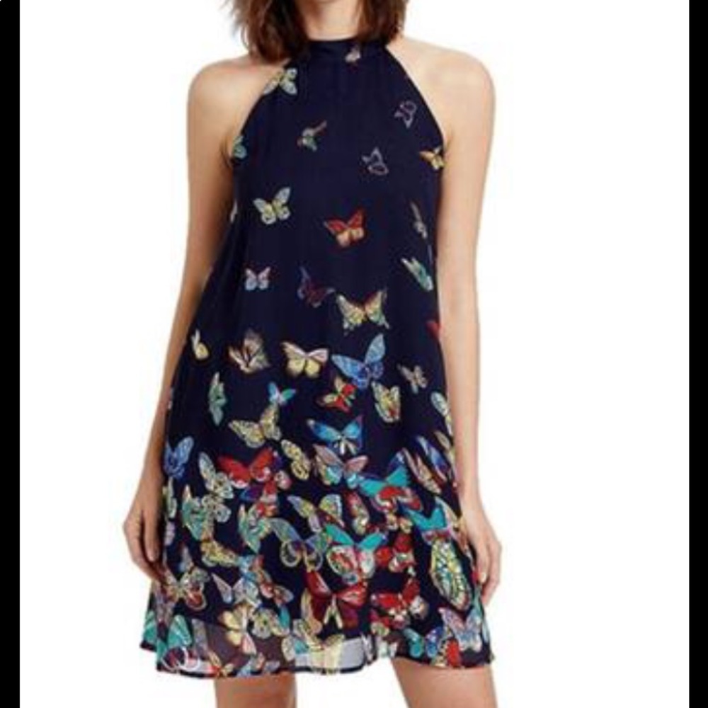 Navy Butterfly halter sleeveless dress-multi-colored print slip lined-NWOT